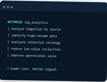 Log Analytics optimization example showing analysis of ingestion, retention, collection, cost and operational value